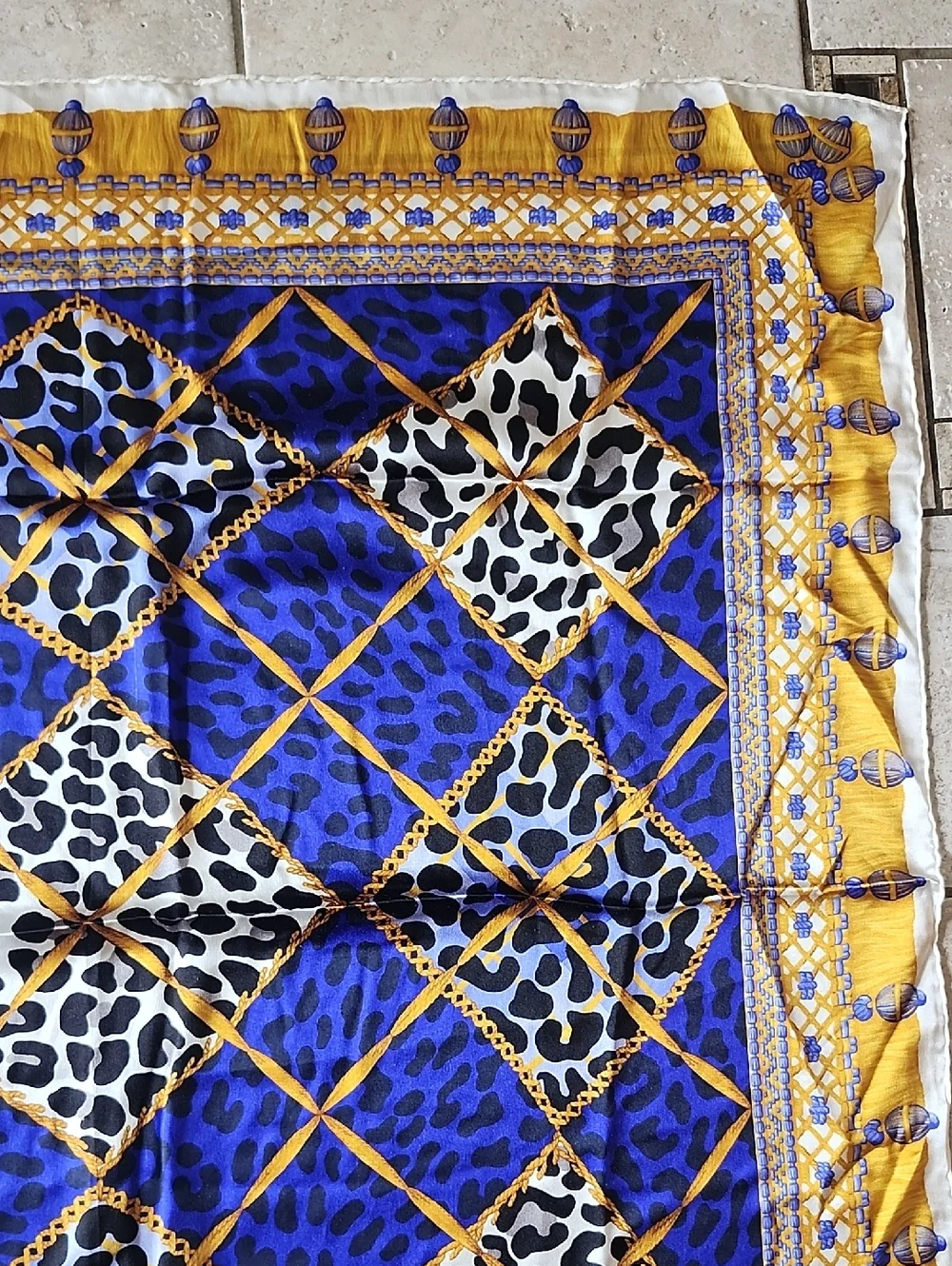 Vtg Christian Dior Blue & Gold Leopard Print Baroque Silk Scarf